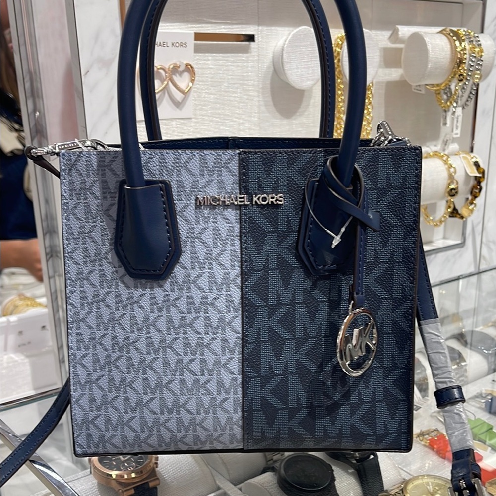 Michael Kors Mercer Medium Two-Tone Logo Crossbody Messenger Navy Multi NWT